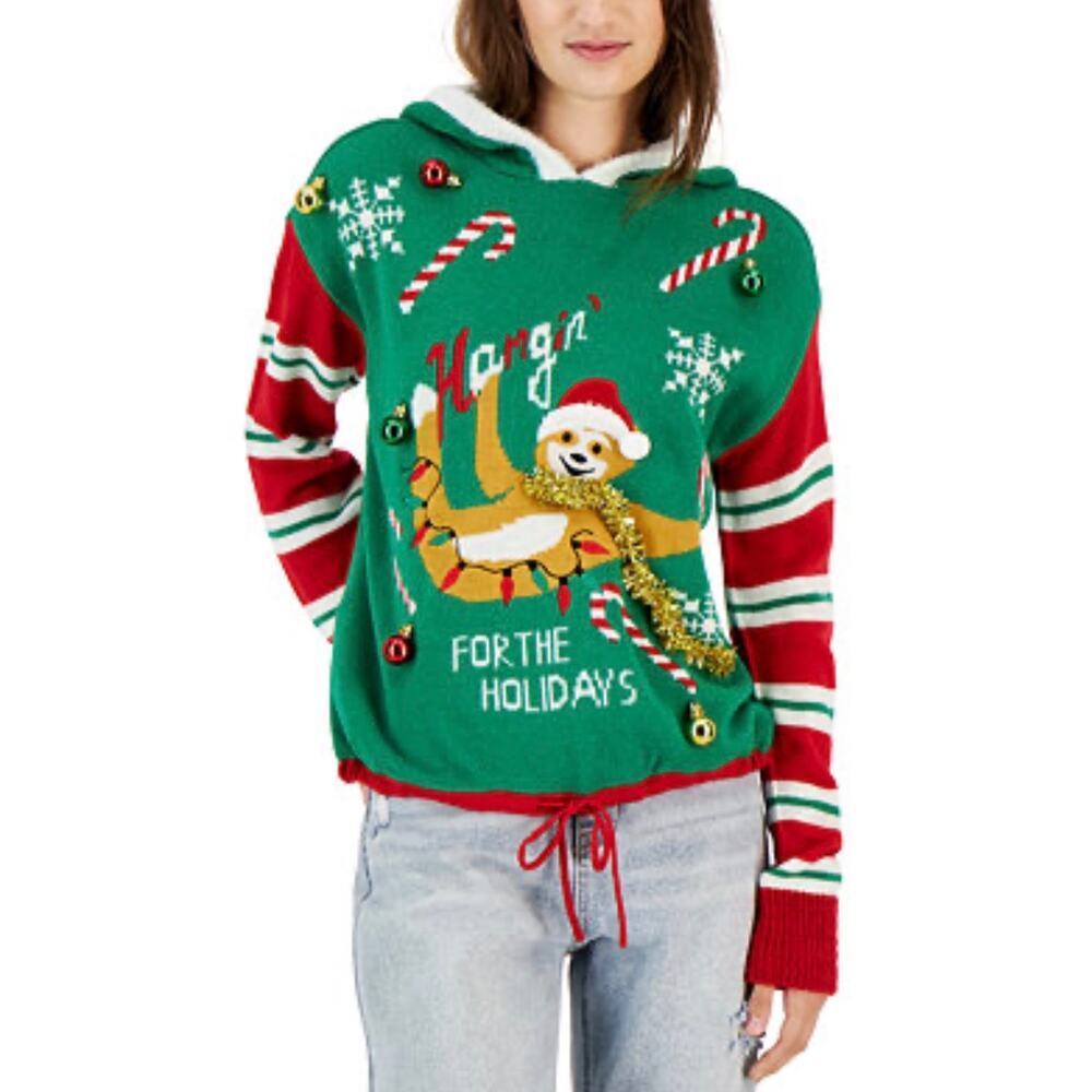 Graphic Embellished Christmas Sloth Hoodie Sweater Sz Medium Holiday Novelty